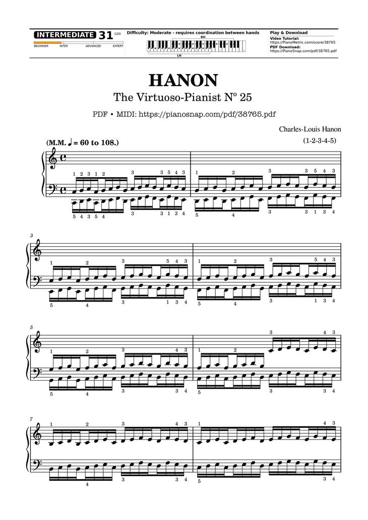 Page 1 of the piano sheet music PDF Piano – Hanon - The Virtuoso Pianist No. 25 by Charles-Louis Hanon