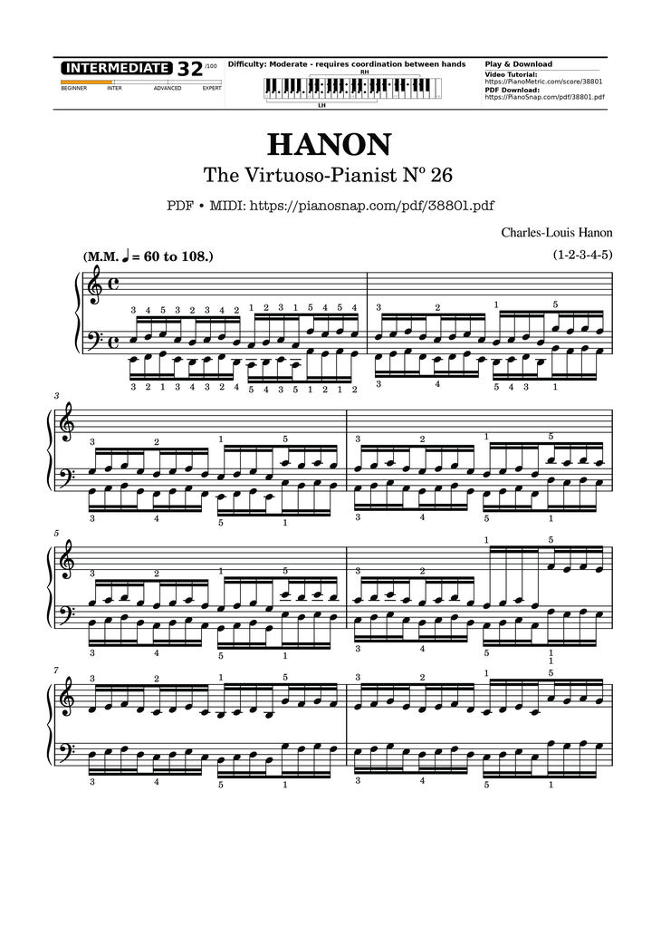 Page 1 of the piano sheet music PDF Piano – Hanon - The Virtuoso Pianist No. 26 by Charles-Louis Hanon