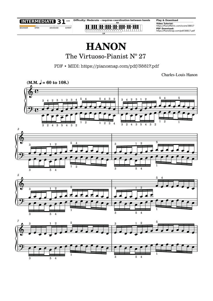 Page 1 of the piano sheet music PDF Piano – Hanon - The Virtuoso Pianist No. 27 by Charles-Louis Hanon
