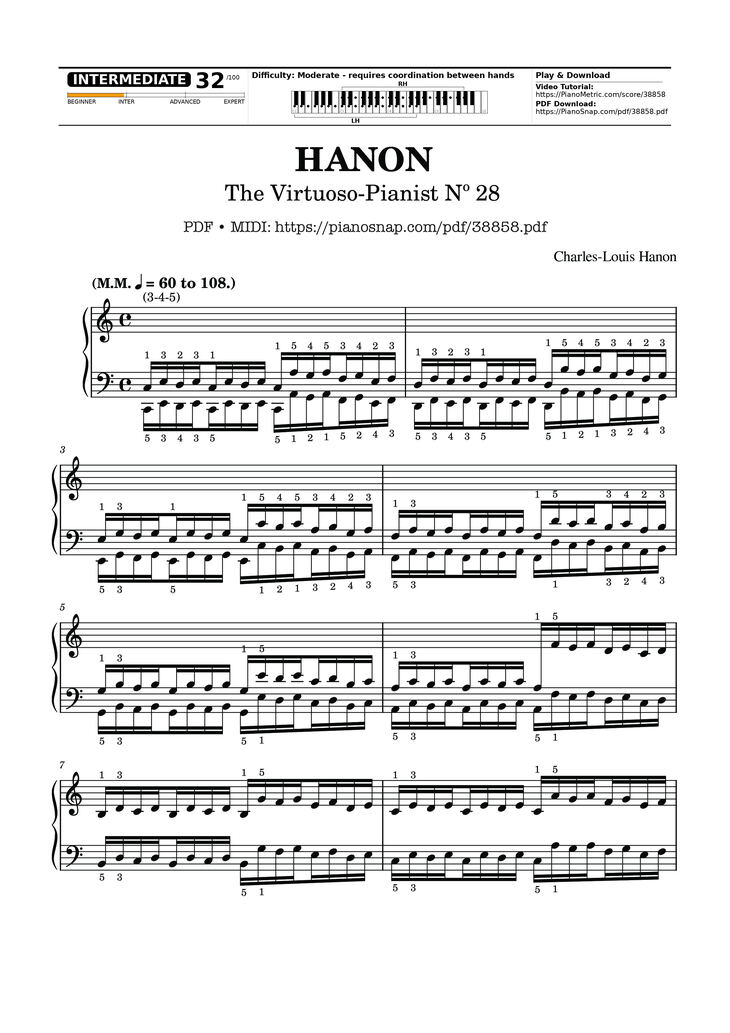 Page 1 of the piano sheet music PDF Piano – Hanon - The Virtuoso Pianist No. 28 by Charles-Louis Hanon