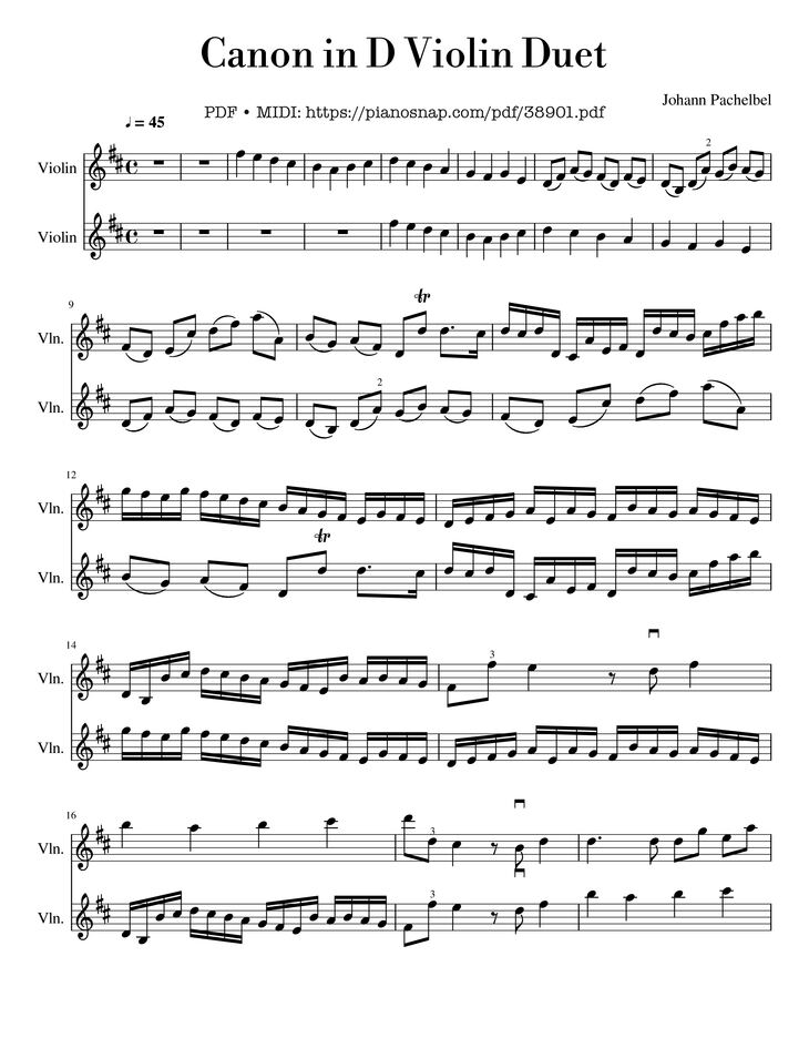 Page 1 of the piano sheet music PDF – Canon in D Violin Duet by Johann Pachelbel
