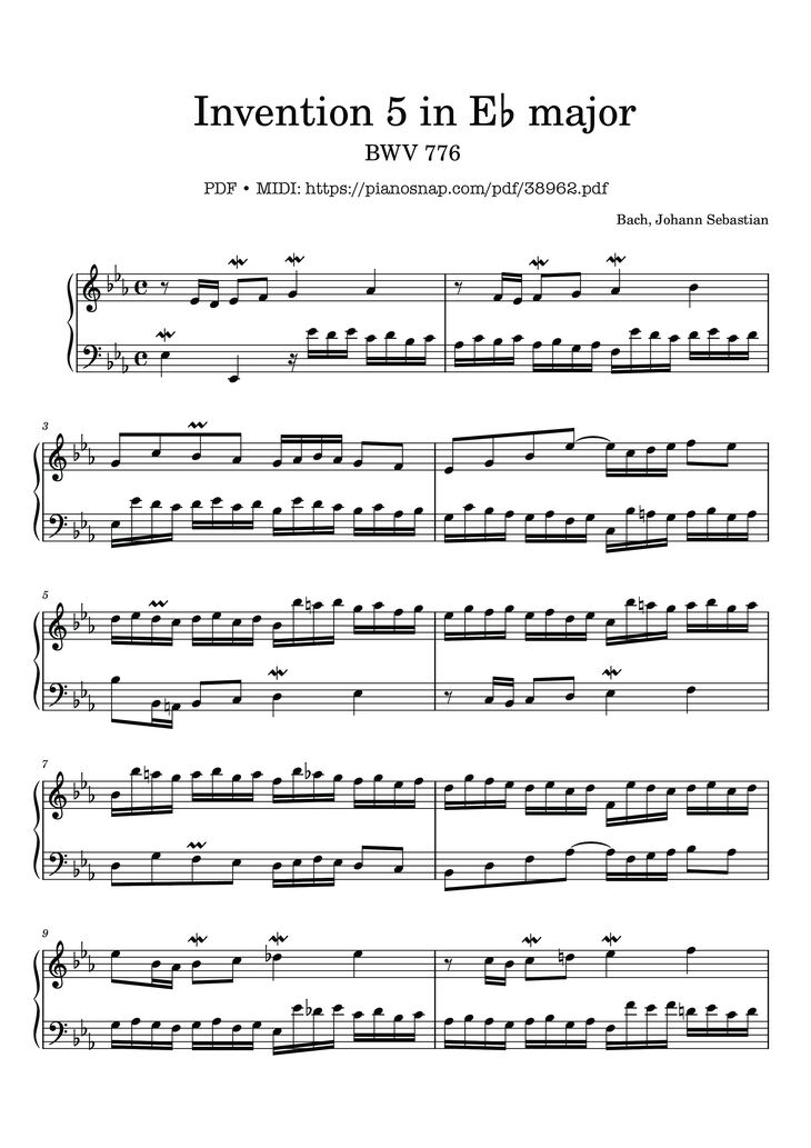 Page 1 of the piano sheet music PDF – Invention No. 5 in E-flat Major, BWV 776 by Johann Sebastian Bach