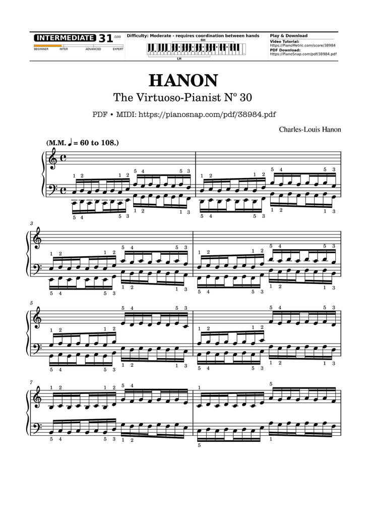 Page 1 of the piano sheet music PDF Piano – Hanon - The Virtuoso Pianist No. 30 by Charles-Louis Hanon
