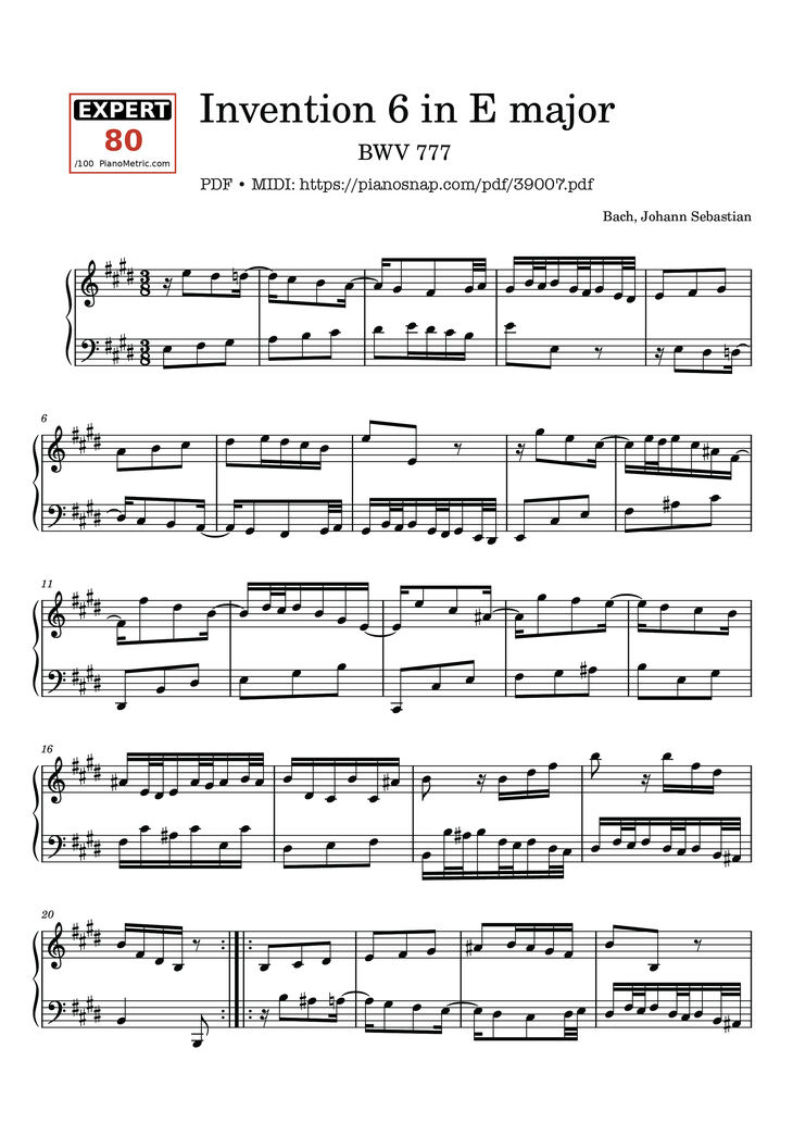 Page 1 of the piano sheet music PDF – Invention No. 6 in E Major, BWV 777 by Johann Sebastian Bach