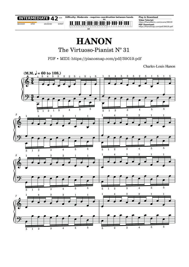 Page 1 of the piano sheet music PDF Piano – Hanon - The Virtuoso Pianist No. 31 by Charles-Louis Hanon