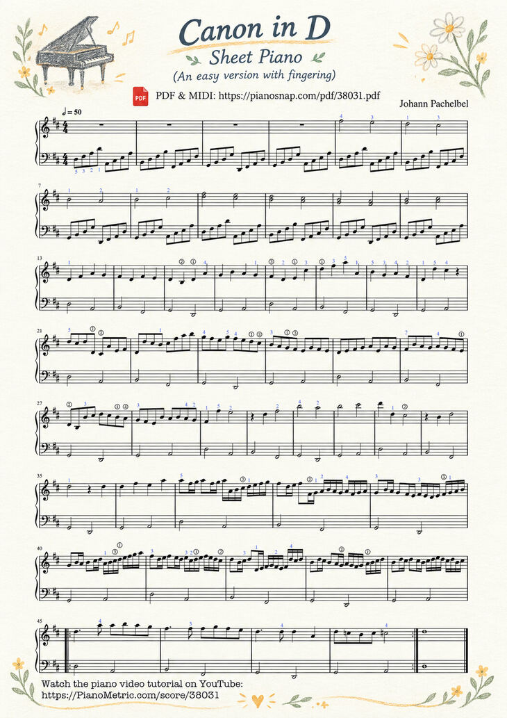 Page 1 of the piano sheet music PDF – Canon in D Sheet Piano (Illustrated Score Art) by Johann Pachelbel