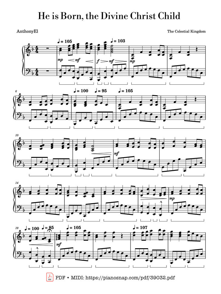 Page 1 of the piano sheet music PDF Piano – He is Born, the Divine Christ Child Piano by Traditional
