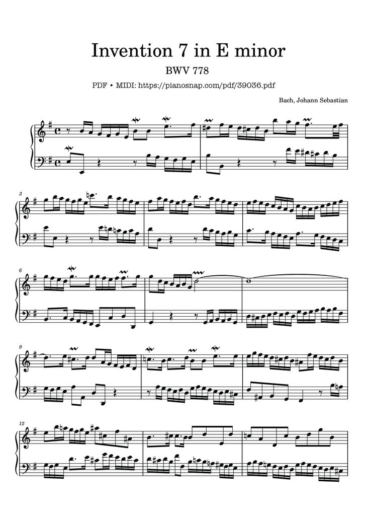 Page 1 of the piano sheet music PDF – Invention No. 7 in E minor, BWV 778 by Johann Sebastian Bach