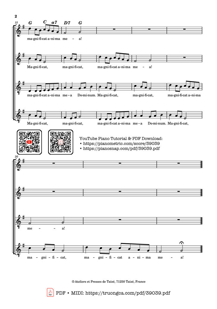 Page 2 of the piano sheet music PDF – Magnificat (canon) - Taizé by Jacques Berthier