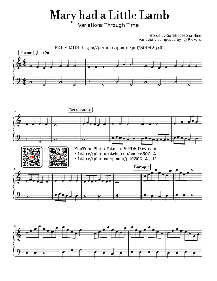 Page 1 of the piano sheet music PDF – Mary had a Little Lamb - variations through time Piano by Words by Sarah Josepha Hale