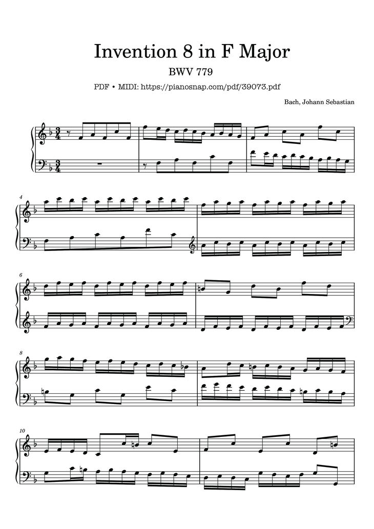 Page 1 of the piano sheet music PDF – Invention 8 in F Major, BWV 779 by Johann Sebastian Bach