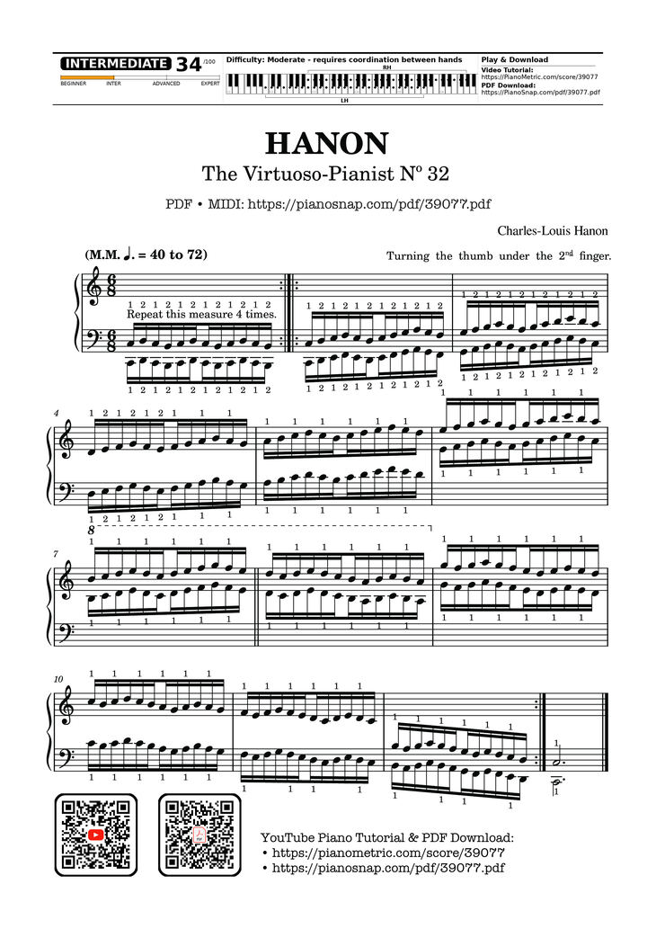 Page 1 of the piano sheet music PDF Piano – Hanon - The Virtuoso Pianist No. 32 by Charles-Louis Hanon