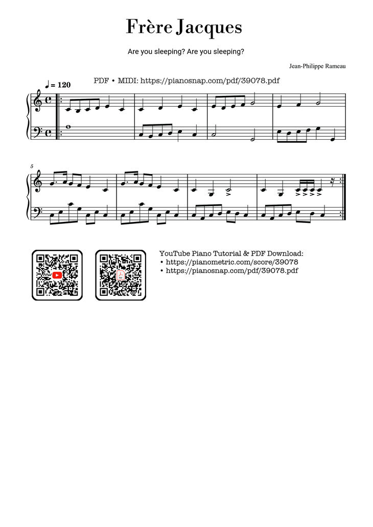 Page 1 of the piano sheet music PDF Piano – Frère Jacques by Jean-Philippe Rameau