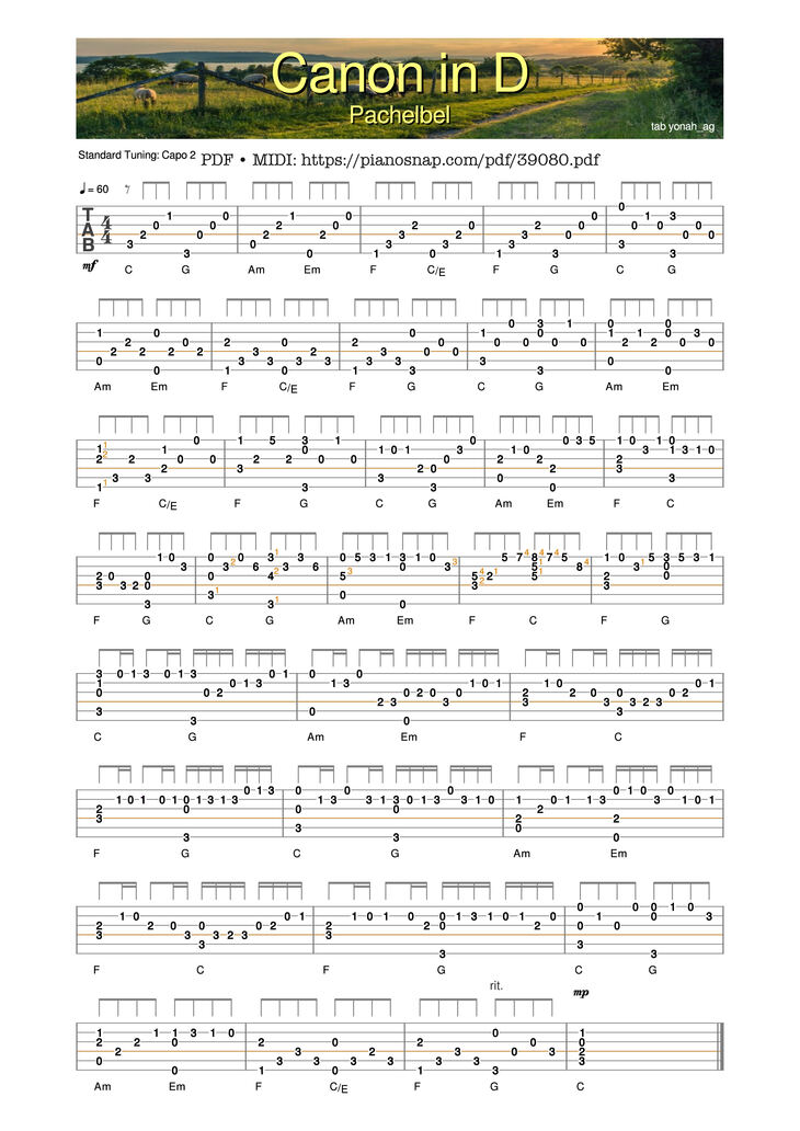 Page 1 of the piano sheet music PDF Guitar Tab – Canon in D - Guitar Tab by Pachelbel
