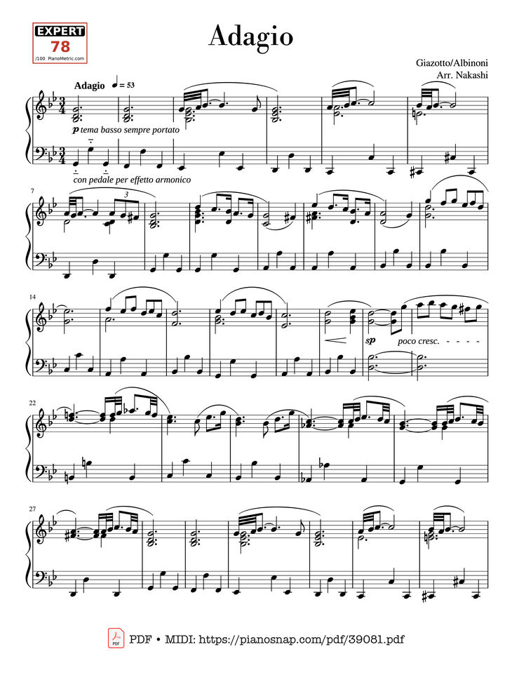 Page 1 of the piano sheet music PDF Piano – Adagio Albinoni (in G minor) - For Solo Piano by Albinoni