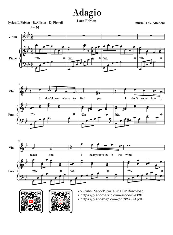 Page 1 of the piano sheet music PDF Piano – Adagio (Lara Fabian) Violin & Piano by Albinoni