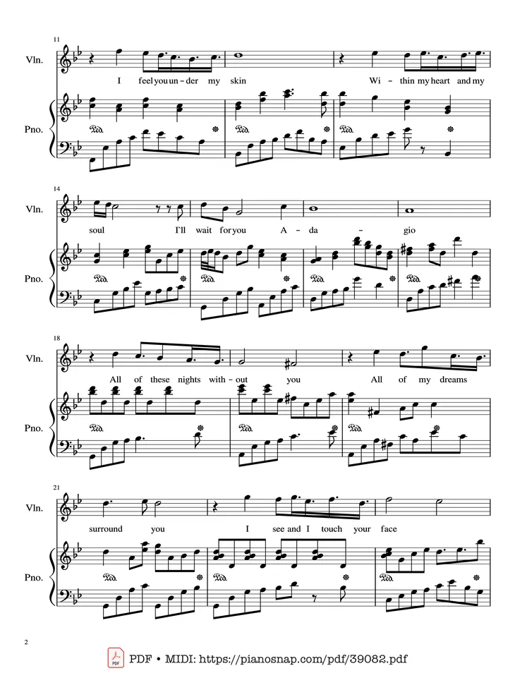Page 2 of the piano sheet music PDF Piano – Adagio (Lara Fabian) Violin & Piano by Albinoni