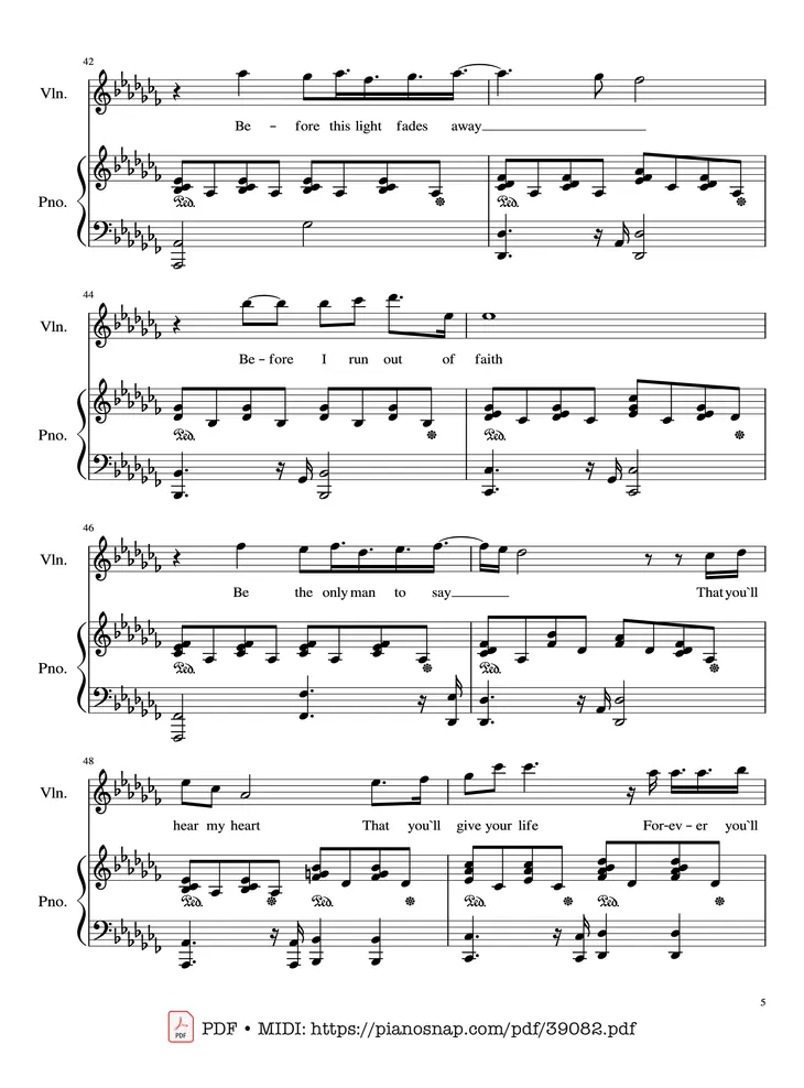 Page 5 of the piano sheet music PDF Piano – Adagio (Lara Fabian) Violin & Piano by Albinoni