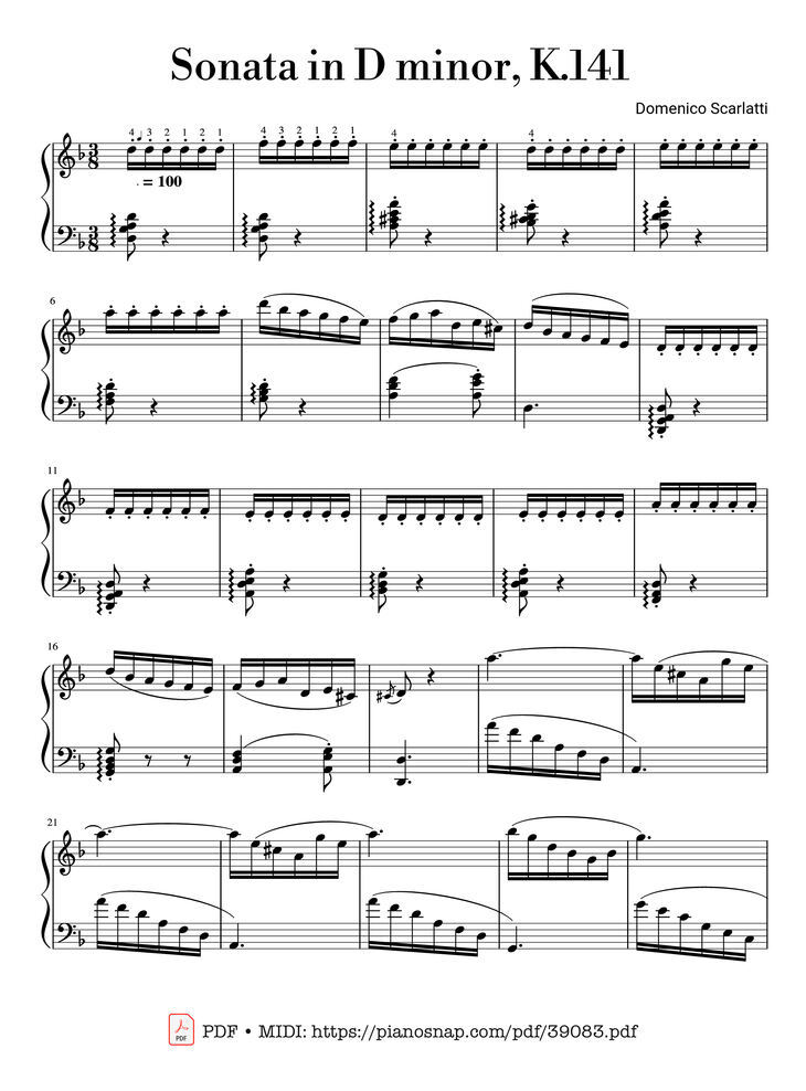 Page 1 of the piano sheet music PDF Piano – Sonata in D minor, K.141, Domenico Scarlatti by Domenico Scarlatti