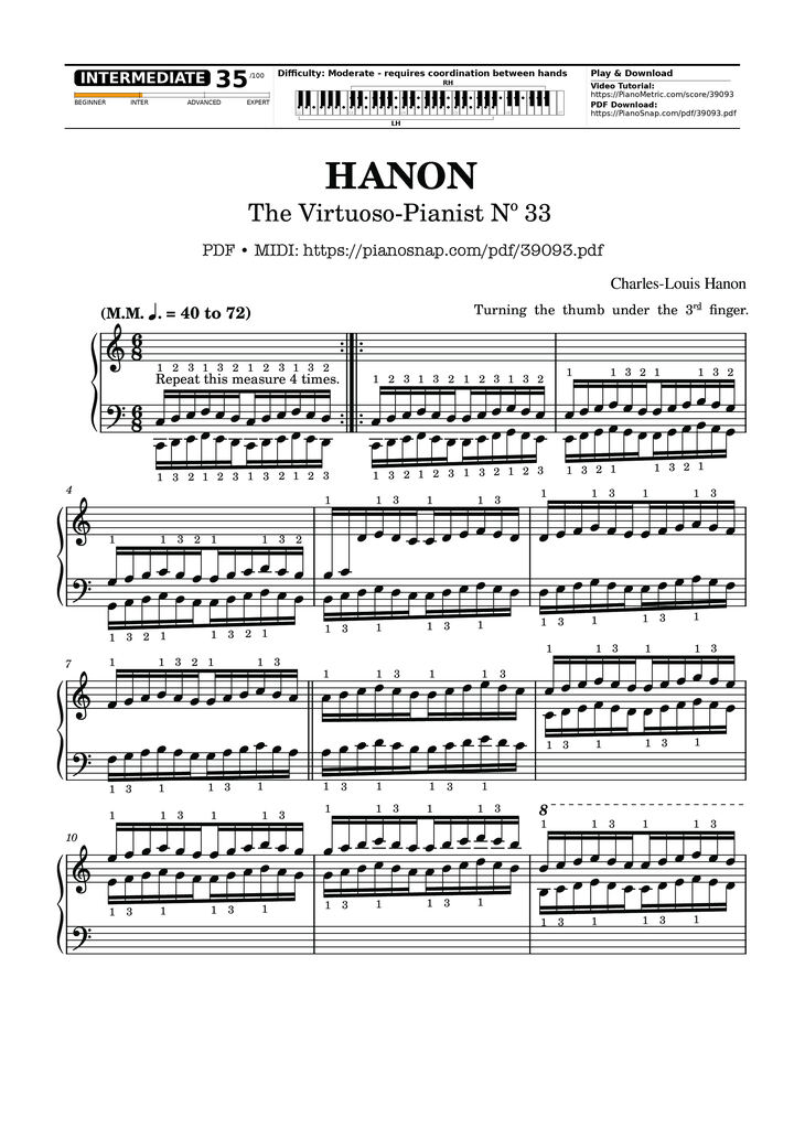 Page 1 of the piano sheet music PDF Piano – Hanon - The Virtuoso Pianist No. 33 by Charles-Louis Hanon