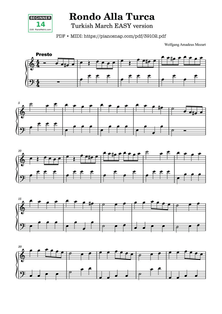 Page 1 of the piano sheet music PDF Piano – Rondo Alla Turca - Turkish March EASY version by Wolfgang Amadeus Mozart