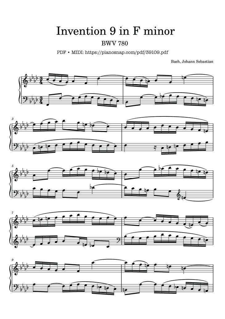 Page 1 of the piano sheet music PDF – Invention 9 in F Minor, BWV 780 by Johann Sebastian Bach