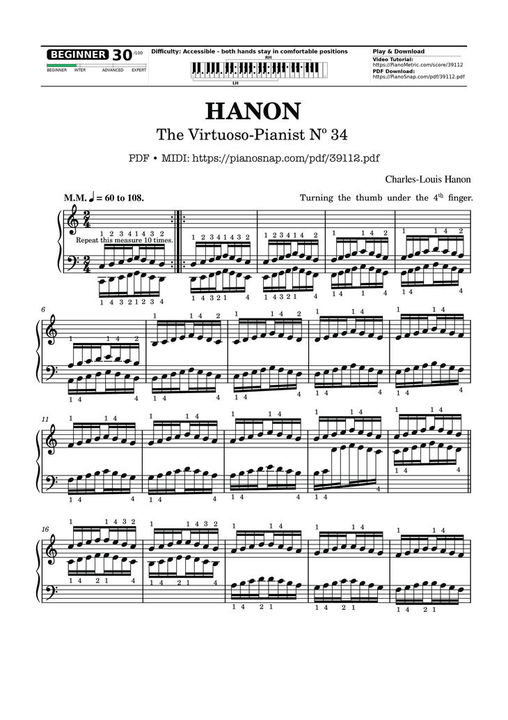 Page 1 of the piano sheet music PDF Piano – Hanon - The Virtuoso Pianist No. 34 by Charles-Louis Hanon