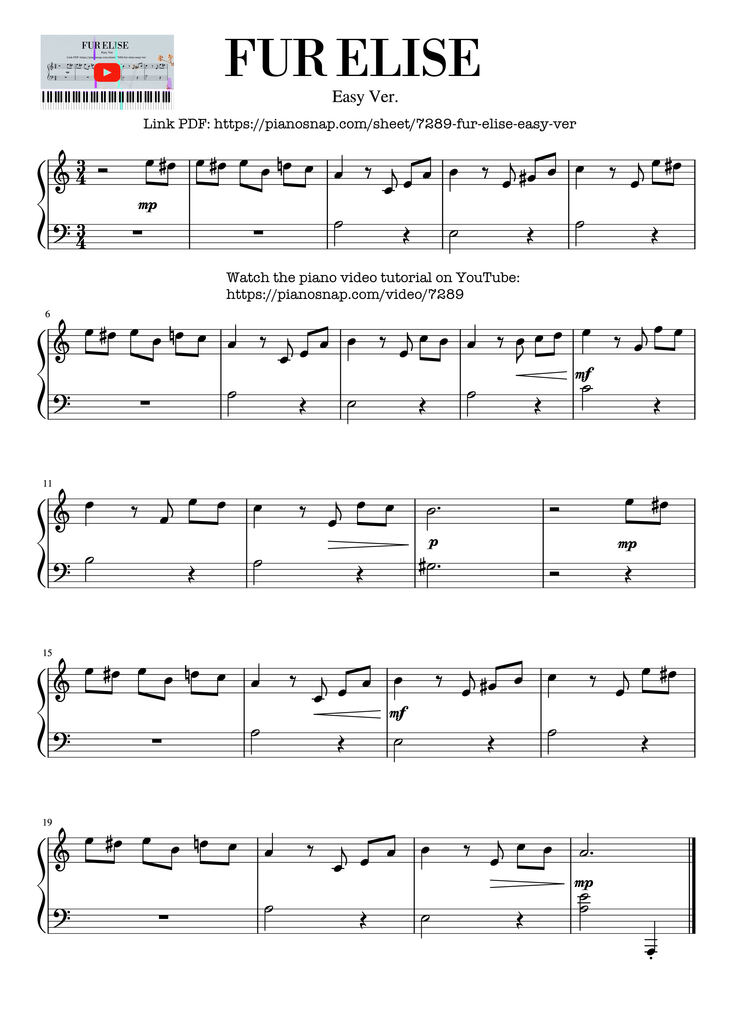 Page 1 of the piano sheet music PDF Piano – Fur Elise Piano EASY by Beethoven