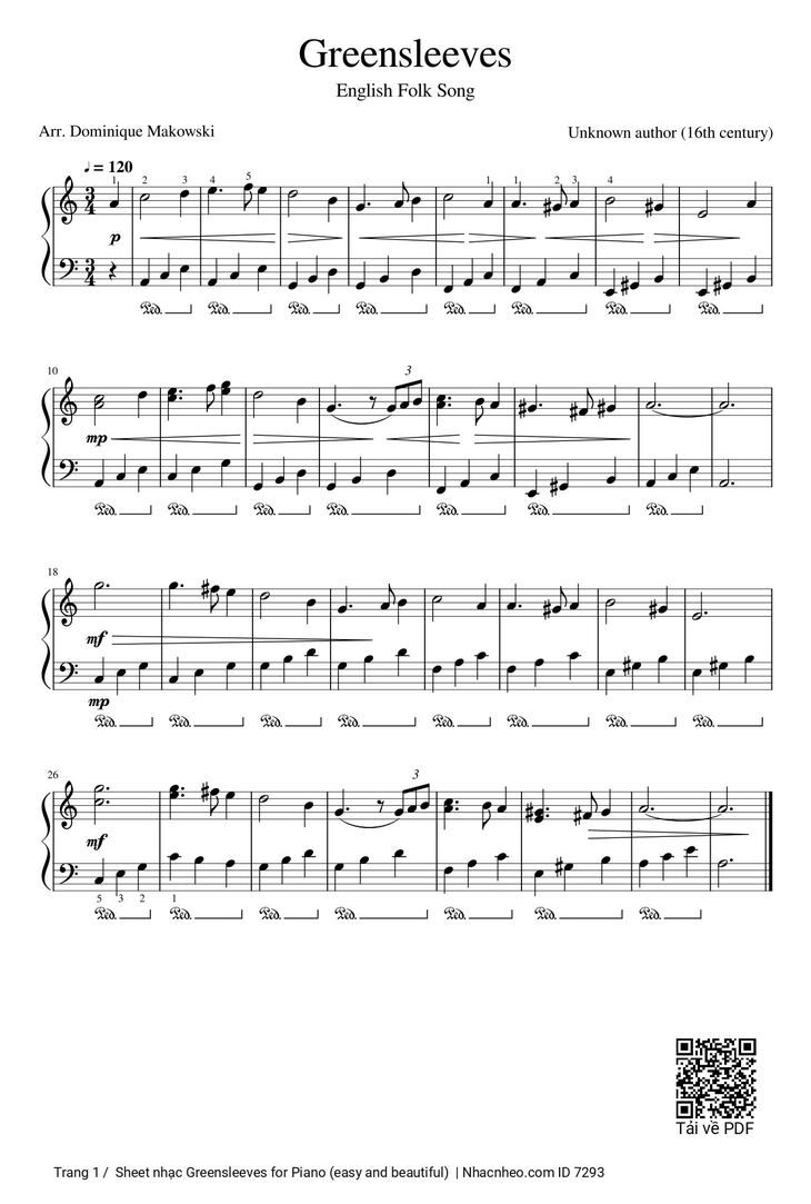 Page 1 of the piano sheet music PDF – Greensleeves Piano (easy and beautiful) by Dân ca Anh