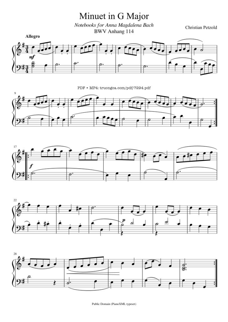 Page 1 of the piano sheet music PDF – Minuet in G Major Piano by Johann Sebastian Bach