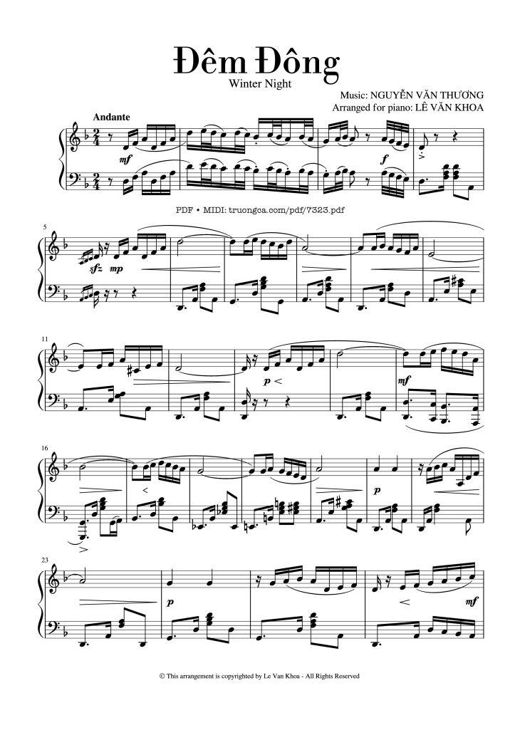 Page 1 of the piano sheet music PDF – Đêm Đông Piano Solo by Nguyễn Văn Thương