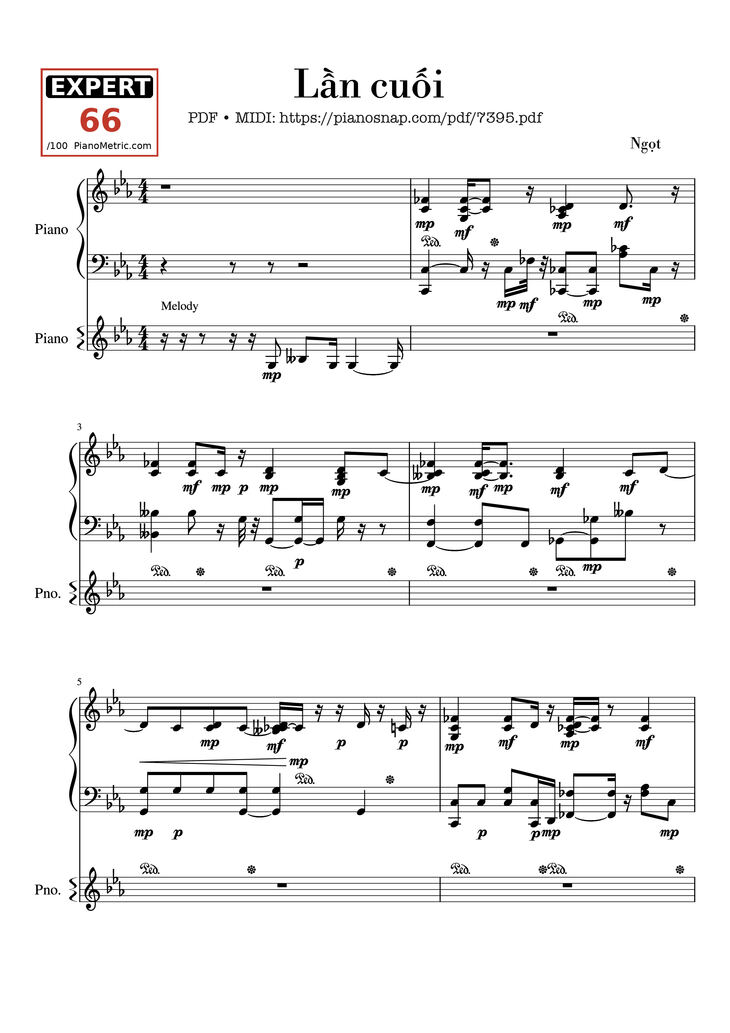 Page 1 of the piano sheet music PDF – Lần cuối Piano đệm hát by Ngọt Band