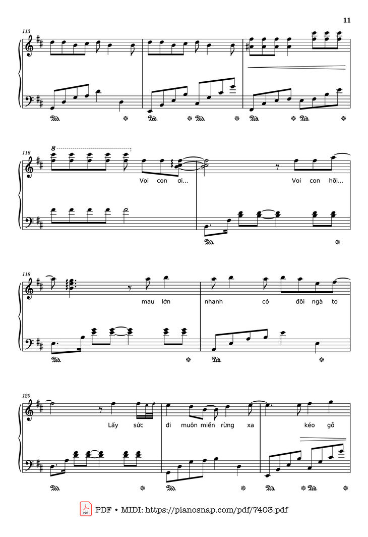 Page 11 of the piano sheet music PDF Piano – Mashup Chú voi con ở bản Đôn + Một lần Thôi + Anh cứ đi đi + Cầu Vồng Khuyết mashup Piano by Phạm Tuyên