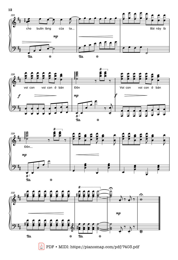 Page 12 of the piano sheet music PDF Piano – Mashup Chú voi con ở bản Đôn + Một lần Thôi + Anh cứ đi đi + Cầu Vồng Khuyết mashup Piano by Phạm Tuyên