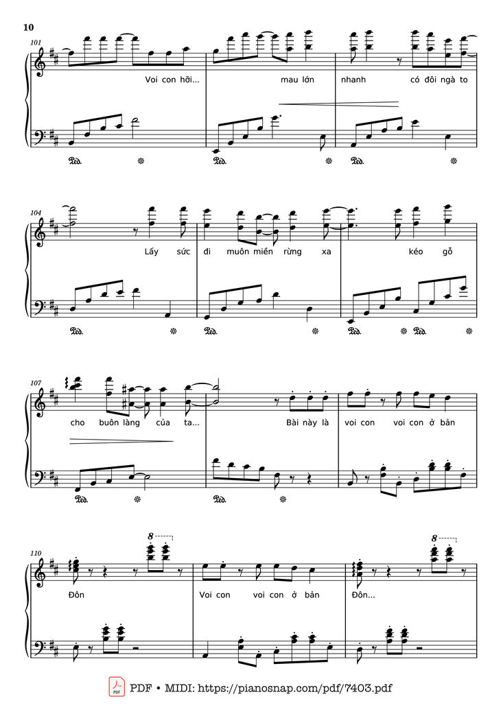 Page 10 of the piano sheet music PDF Piano – Mashup Chú voi con ở bản Đôn + Một lần Thôi + Anh cứ đi đi + Cầu Vồng Khuyết mashup Piano by Phạm Tuyên