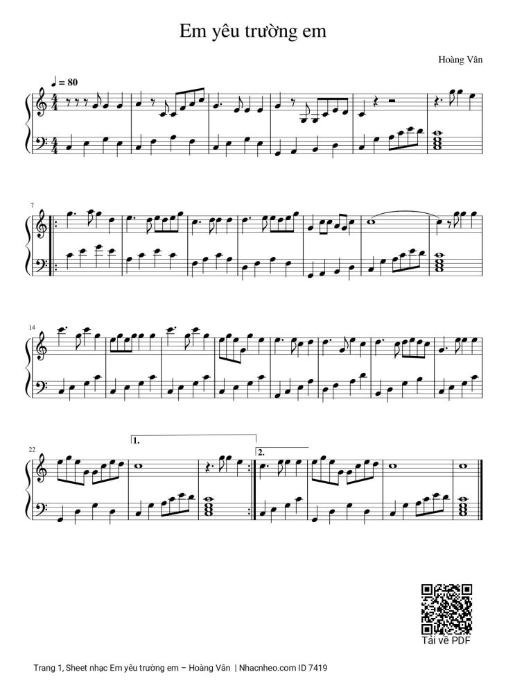 Page 1 of the piano sheet music PDF – Em yêu trường em Piano by Hoàng Vân