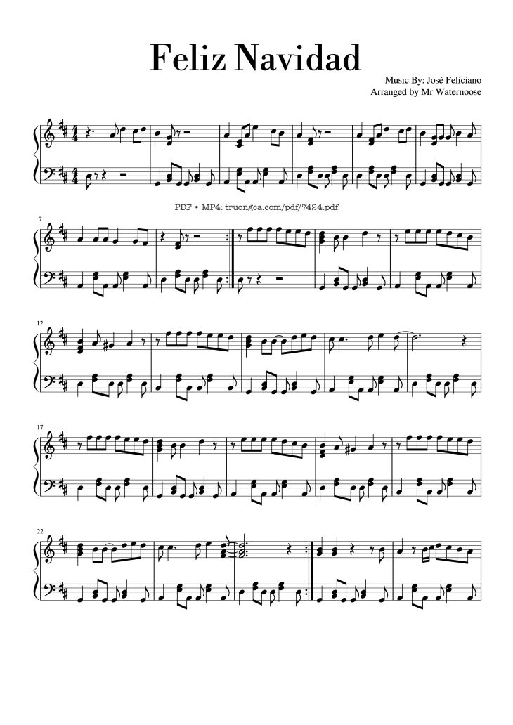 Page 1 of the piano sheet music PDF – Feliz Navidad Piano Solo by José Feliciano