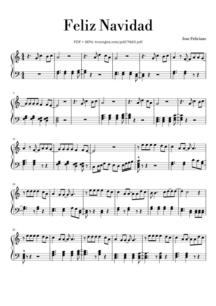 Page 1 of the piano sheet music PDF – Feliz Navidad Piano Easy by Jose Feliciano