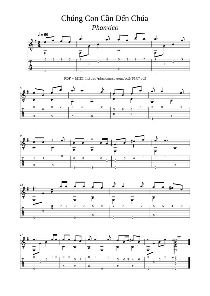 Page 1 of the piano sheet music PDF – Chúng Con Cần Đến Chúa Guitar TAB by NS Phanxico