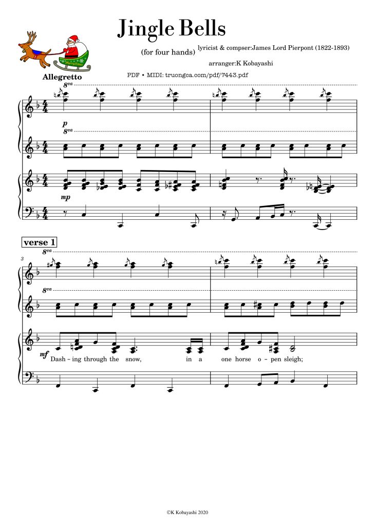 Page 1 of the piano sheet music PDF Piano – Jingle Bells Piano 4 hands by James Pierpont