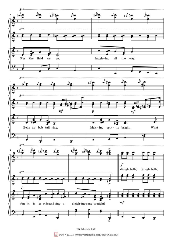 Page 2 of the piano sheet music PDF Piano – Jingle Bells Piano 4 hands by James Pierpont