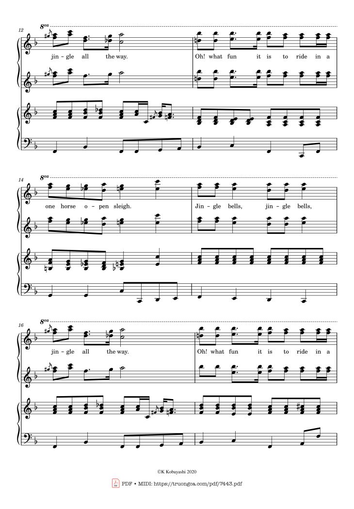 Page 3 of the piano sheet music PDF Piano – Jingle Bells Piano 4 hands by James Pierpont