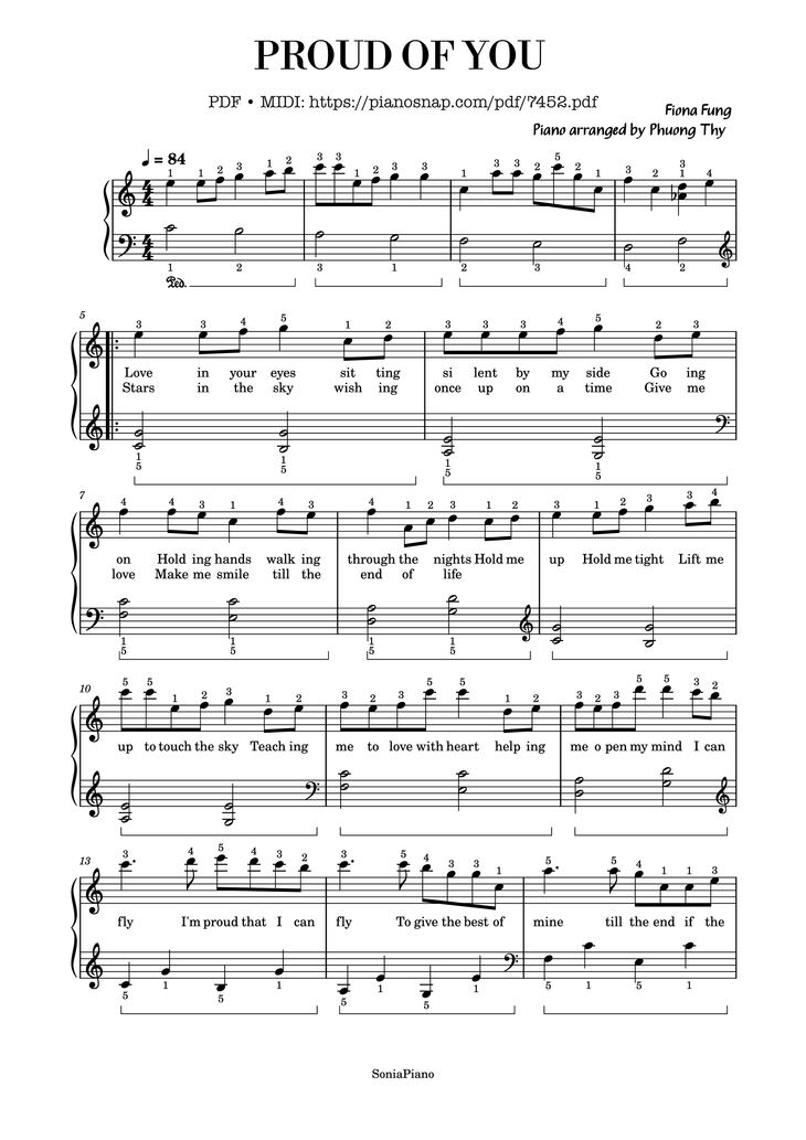 Page 1 of the piano sheet music PDF Piano – Proud of you sheet Piano Easy by Fiona Fung