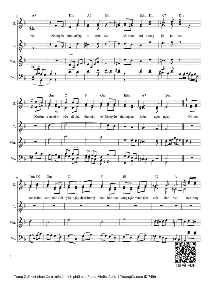 Page 2 of the piano sheet music PDF – Cảm mến ân tình phối cho Piano, Violin, Cello by Phùng Minh Mẫn