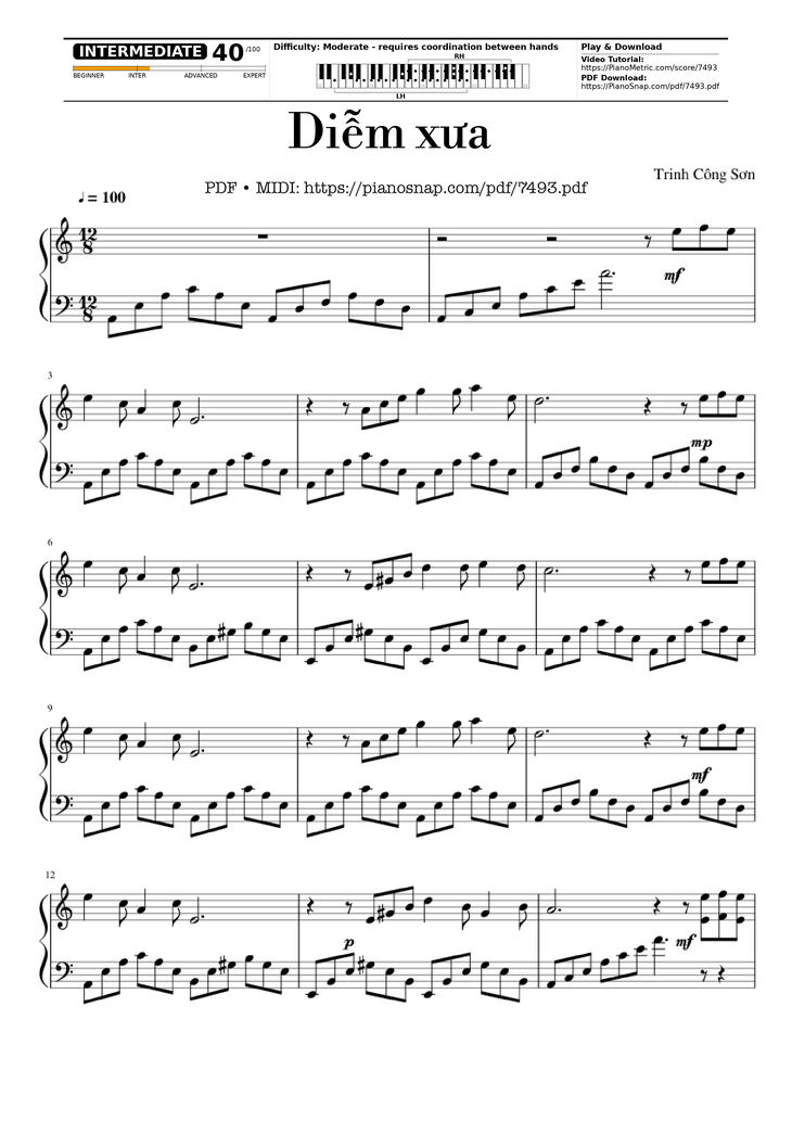 Page 1 of the piano sheet music PDF Piano – Diễm xưa Piano solo by Trịnh Công Sơn
