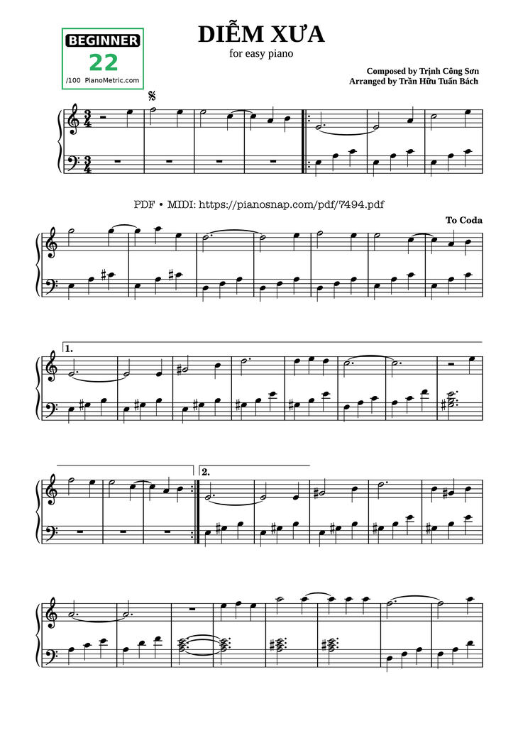 Page 1 of the piano sheet music PDF – Diễm Xưa Piano dễ tập by Trịnh Công Sơn
