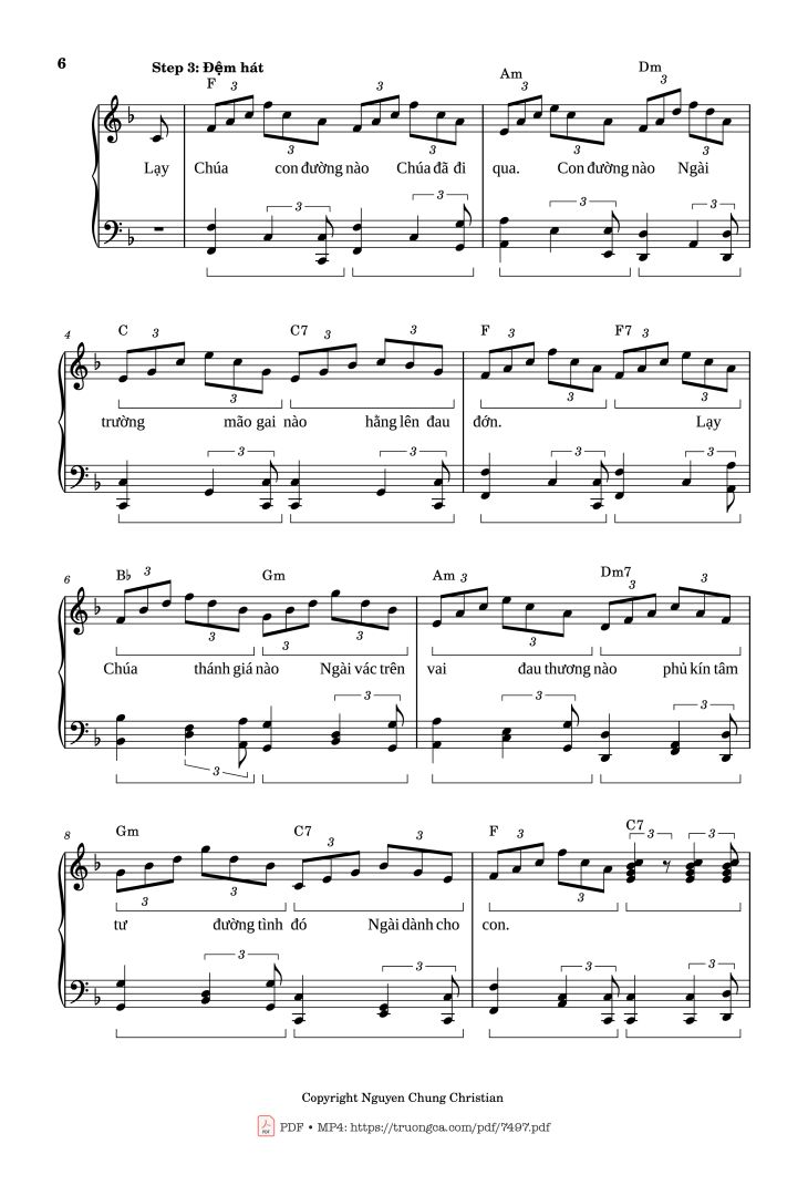Page 6 of the piano sheet music PDF Piano – Con đường Chúa đã đi qua Piano Solo cơ bản by Lm. Văn Chi