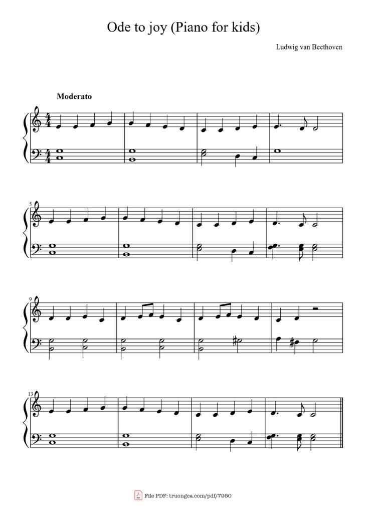 Page 1 of the piano sheet music PDF – Ode to joy (Piano for Kids) by Beethoven