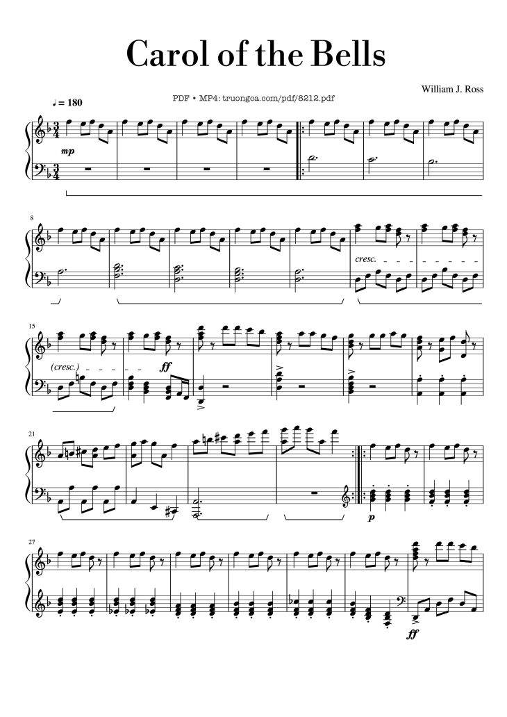 Page 1 of the piano sheet music PDF – Carol of the Bells Piano by Dân ca Ukrainian