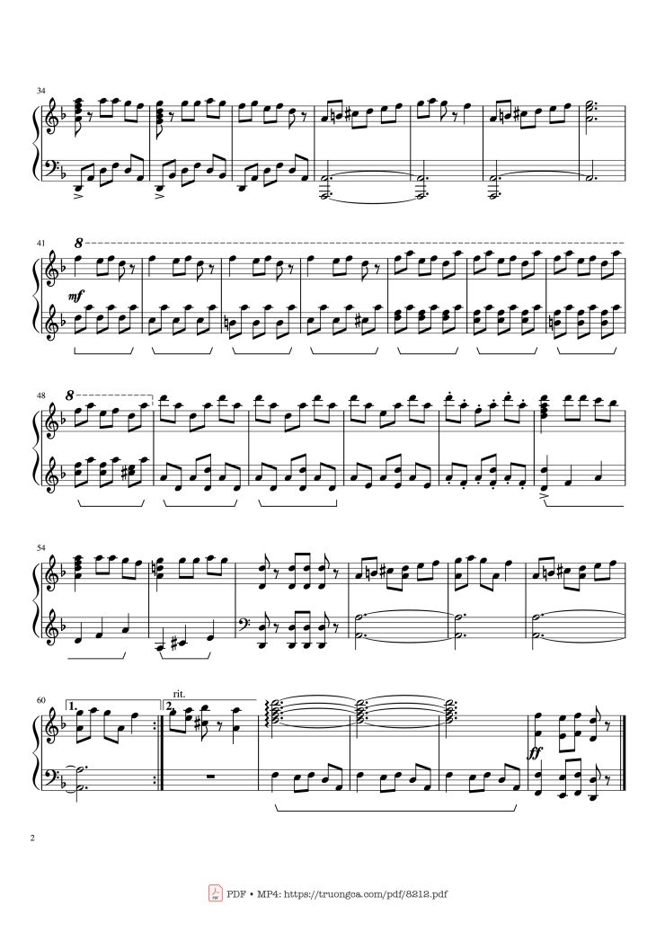 Page 2 of the piano sheet music PDF – Carol of the Bells Piano by Dân ca Ukrainian
